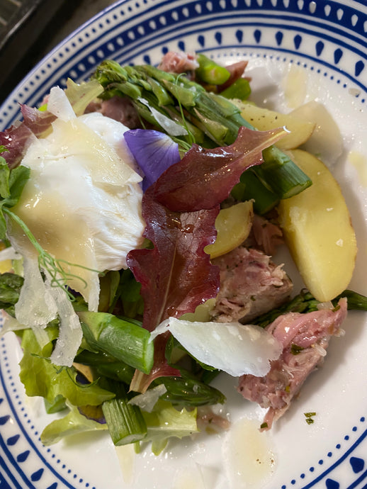 Asparagus & Potato Salad With Ham & Poached Egg