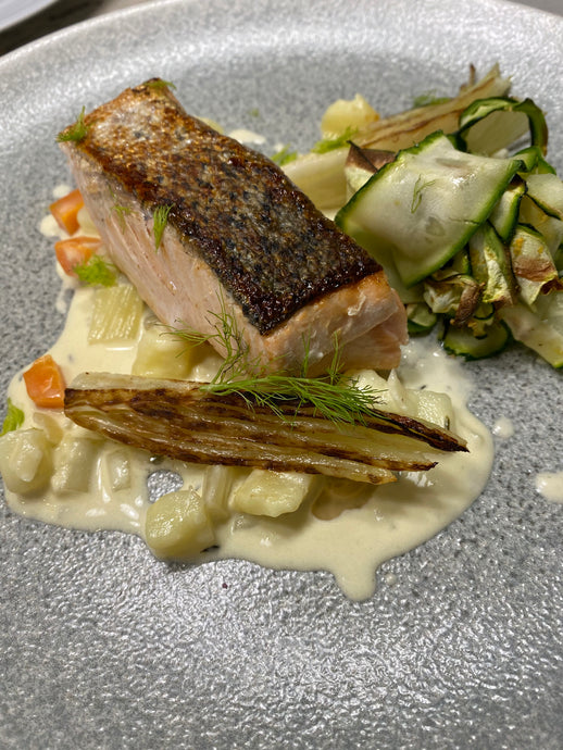 Salmon, Fennel, Baked Courgette & “Chowder” Sauce for Two